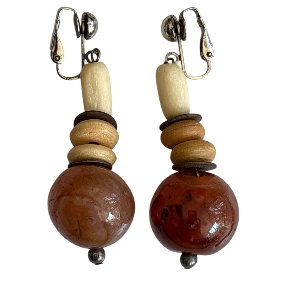 1960s Funky Drop Bead Brown and Cream Dangle Earrings